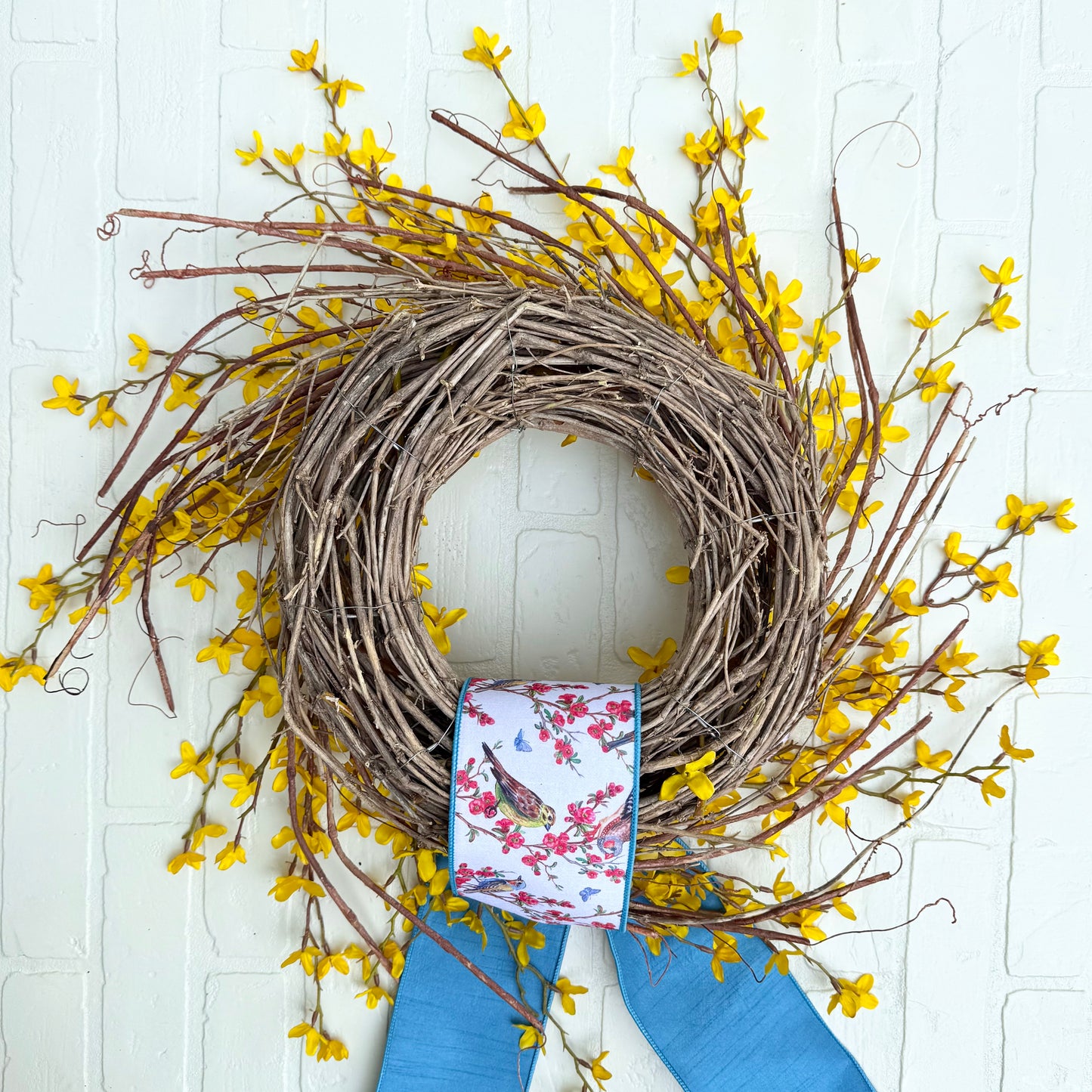 Spring Forsythia Front Door Wreath with Designer Ribbon