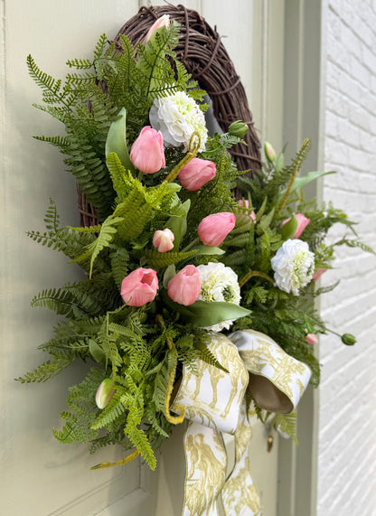 Spring Summer Faux Ranunculus & Tulip Wreath with Fern Greenery