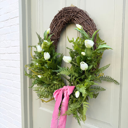 Spring Faux Tulip & Fern Front Door Wreath with Velvet Ribbon