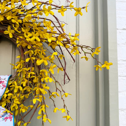 Spring Forsythia Front Door Wreath with Designer Ribbon