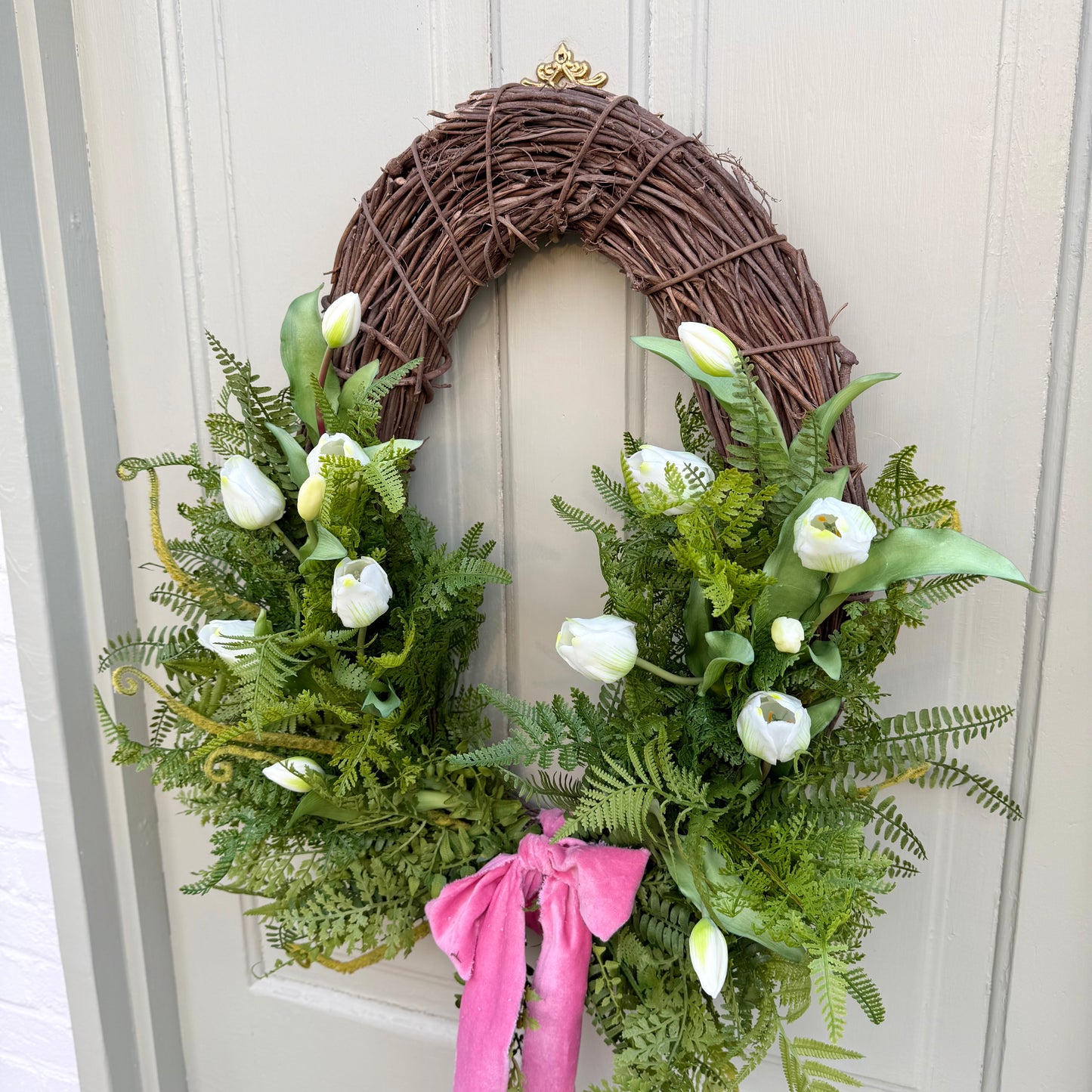 Spring Faux Tulip & Fern Front Door Wreath with Velvet Ribbon