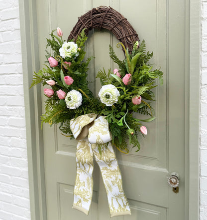 Spring Summer Faux Ranunculus & Tulip Wreath with Fern Greenery