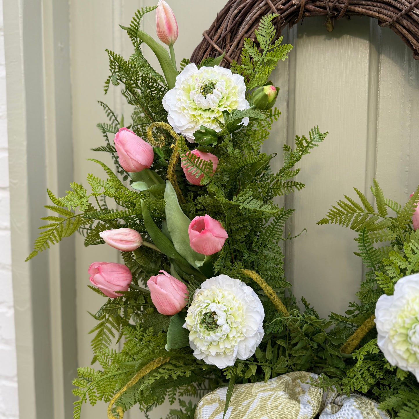 Spring Summer Faux Ranunculus & Tulip Wreath with Fern Greenery
