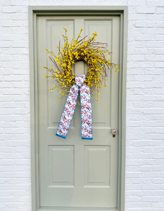 Spring Forsythia Front Door Wreath with Designer Ribbon