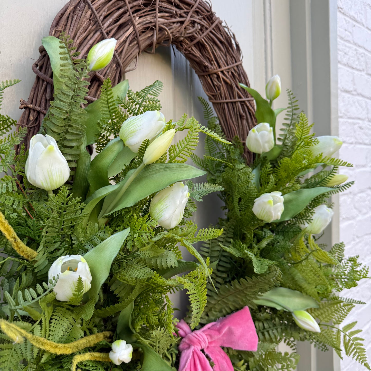 Spring Faux Tulip & Fern Front Door Wreath with Velvet Ribbon