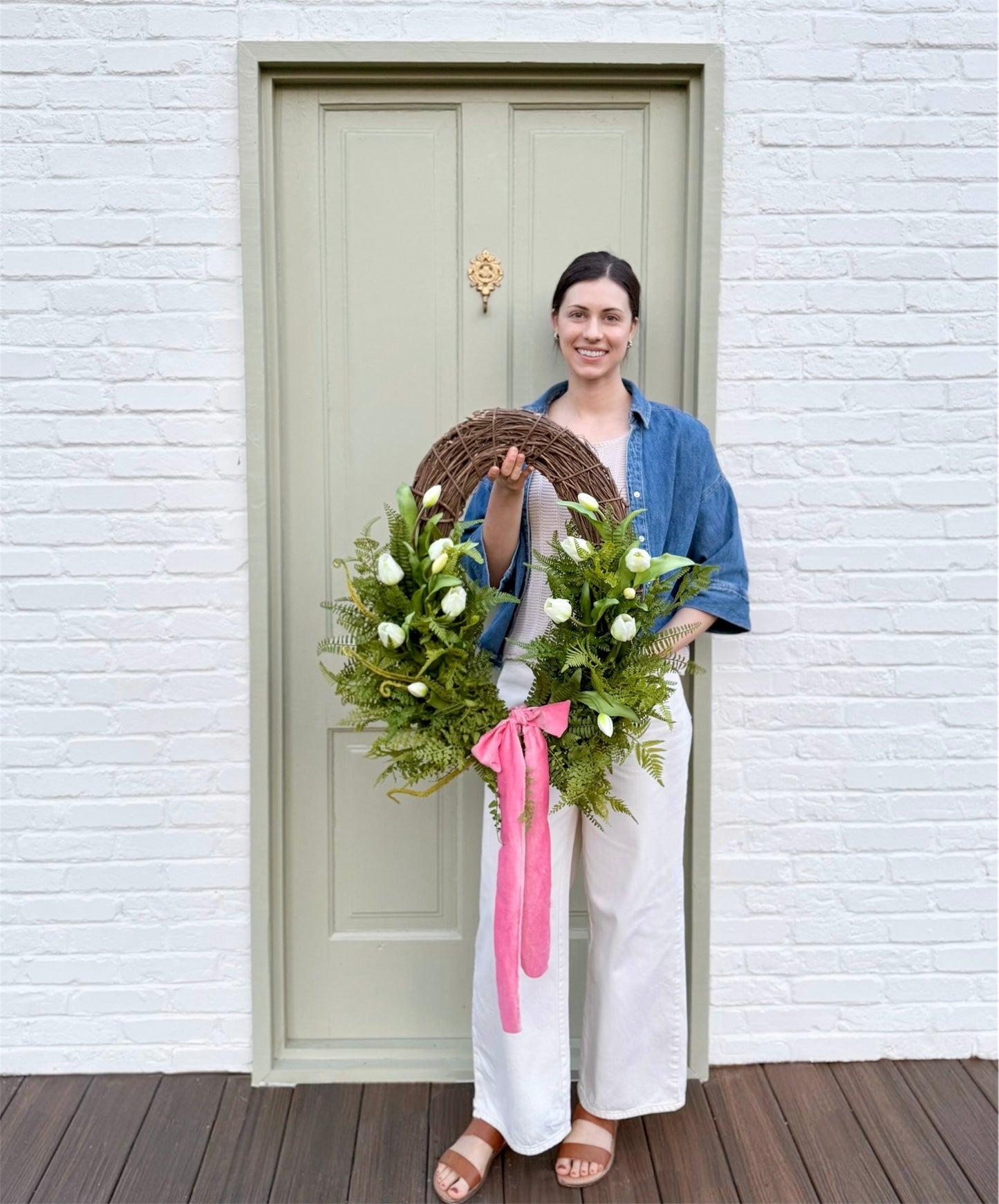 Spring Faux Tulip & Fern Front Door Wreath with Velvet Ribbon