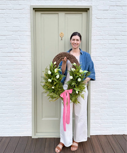 Spring Faux Tulip & Fern Front Door Wreath with Velvet Ribbon