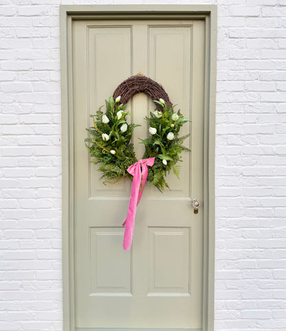 Spring Faux Tulip & Fern Front Door Wreath with Velvet Ribbon