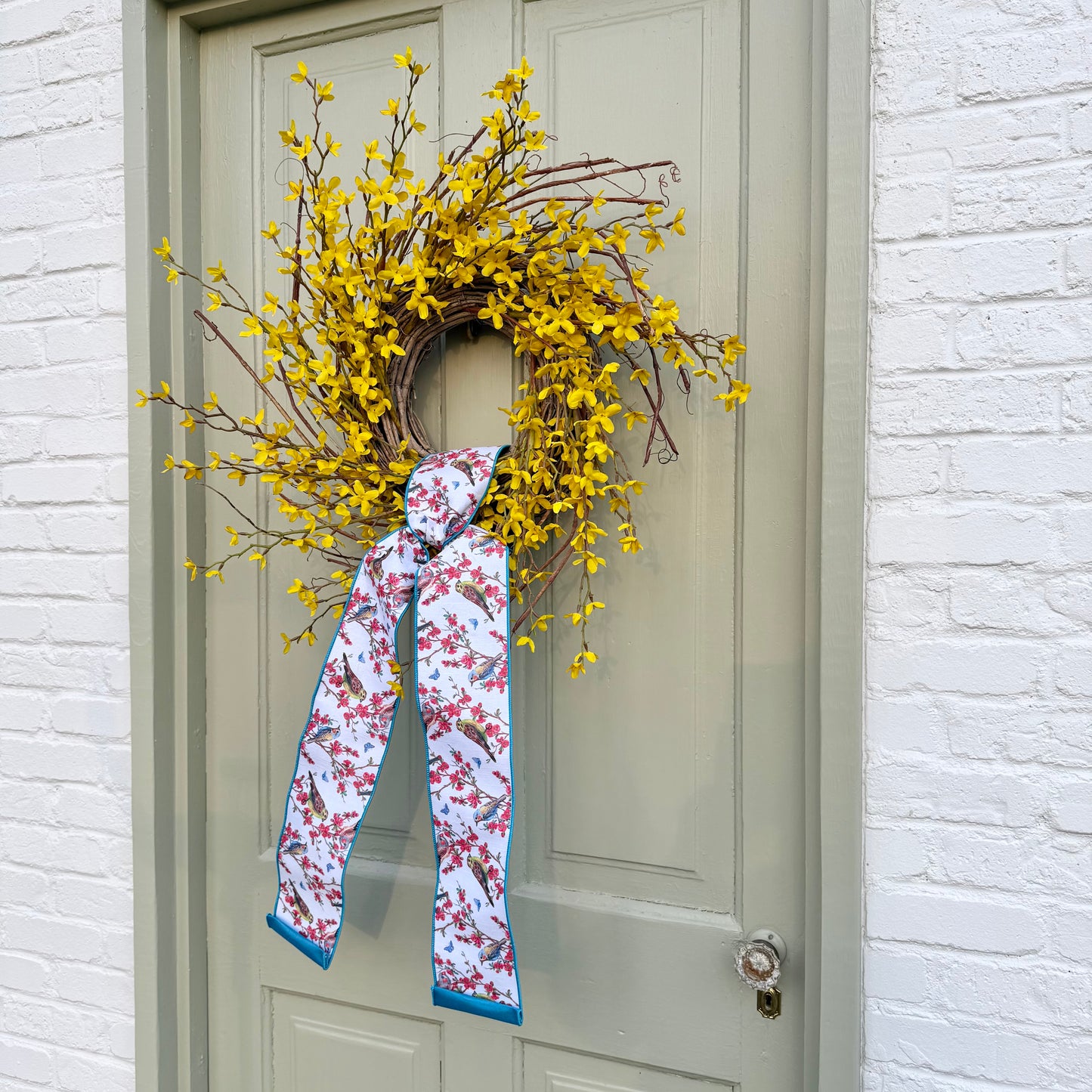Spring Forsythia Front Door Wreath with Designer Ribbon