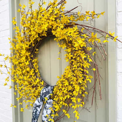 XL 32" Spring Forsythia Front Door Wreath with Designer Ribbon