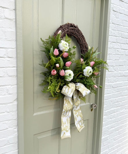 Spring Summer Faux Ranunculus & Tulip Wreath with Fern Greenery