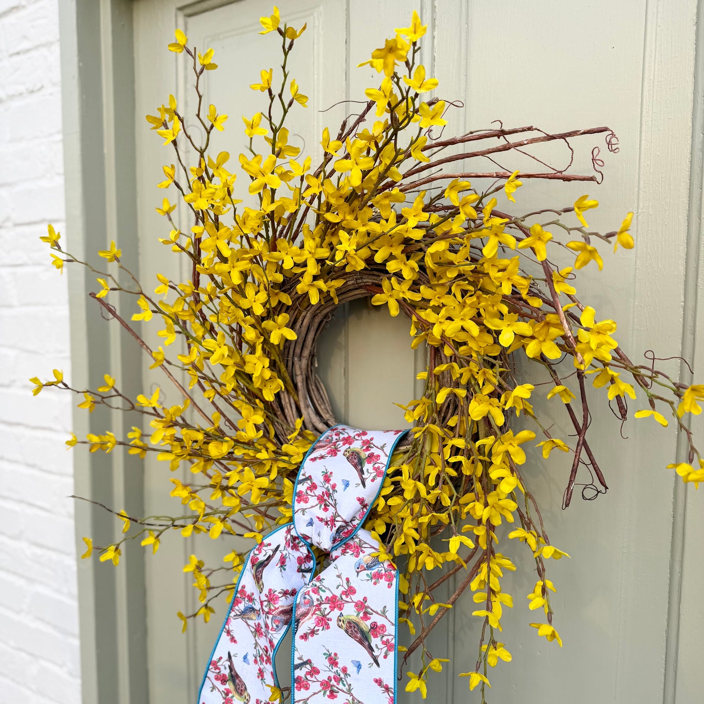 Spring Forsythia Front Door Wreath with Designer Ribbon