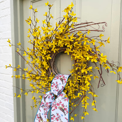 Spring Forsythia Front Door Wreath with Designer Ribbon