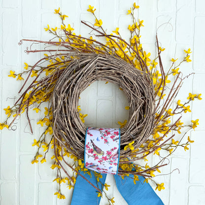 Spring Forsythia Front Door Wreath with Designer Ribbon
