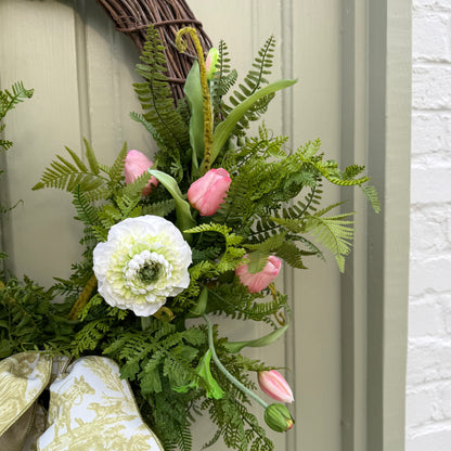 Spring Summer Faux Ranunculus & Tulip Wreath with Fern Greenery