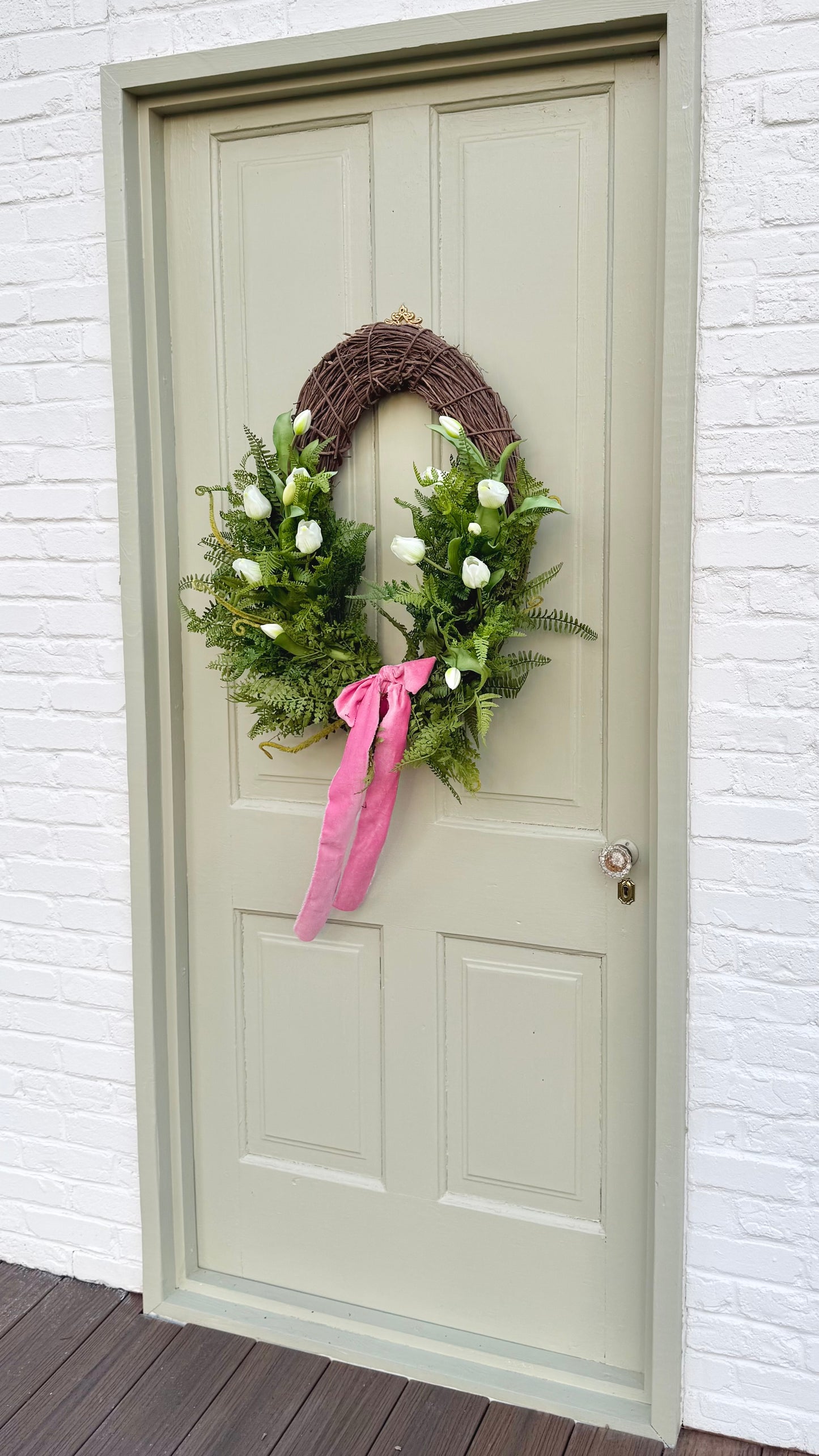 Spring Faux Tulip & Fern Front Door Wreath with Velvet Ribbon
