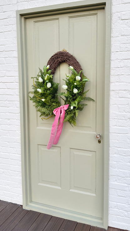 Spring Faux Tulip & Fern Front Door Wreath with Velvet Ribbon