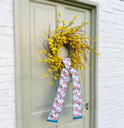 Spring Forsythia Front Door Wreath with Designer Ribbon