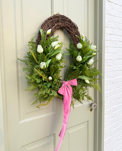 Spring Faux Tulip & Fern Front Door Wreath with Velvet Ribbon