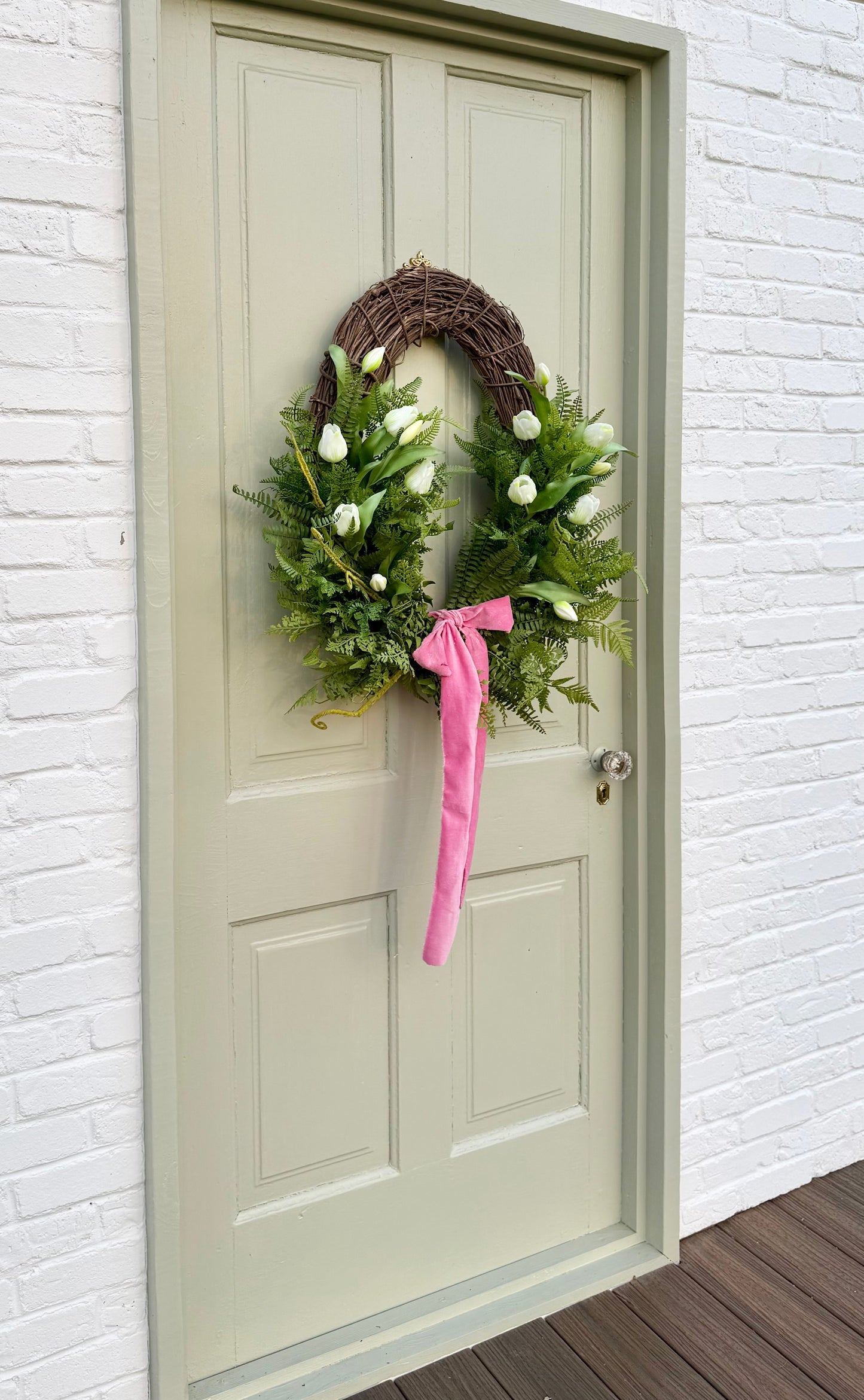 Spring Faux Tulip & Fern Front Door Wreath with Velvet Ribbon