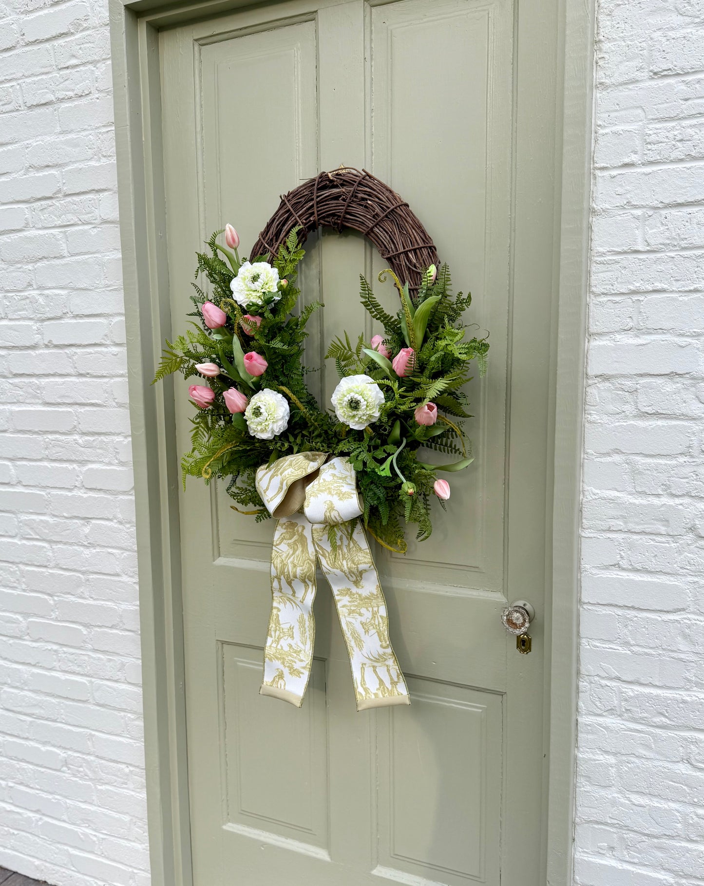 Spring Summer Faux Ranunculus & Tulip Wreath with Fern Greenery