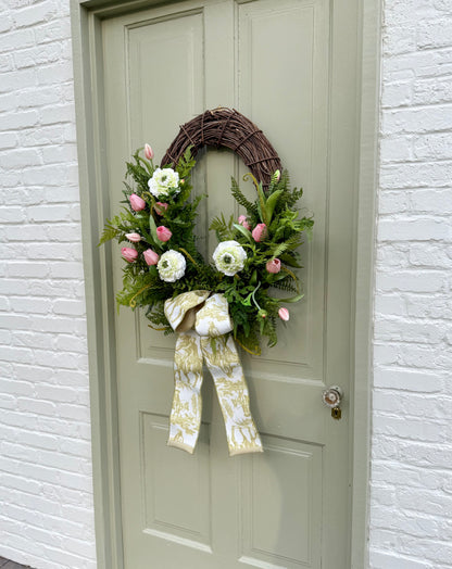 Spring Summer Faux Ranunculus & Tulip Wreath with Fern Greenery