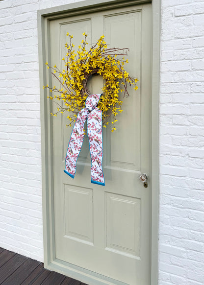 Spring Forsythia Front Door Wreath with Designer Ribbon