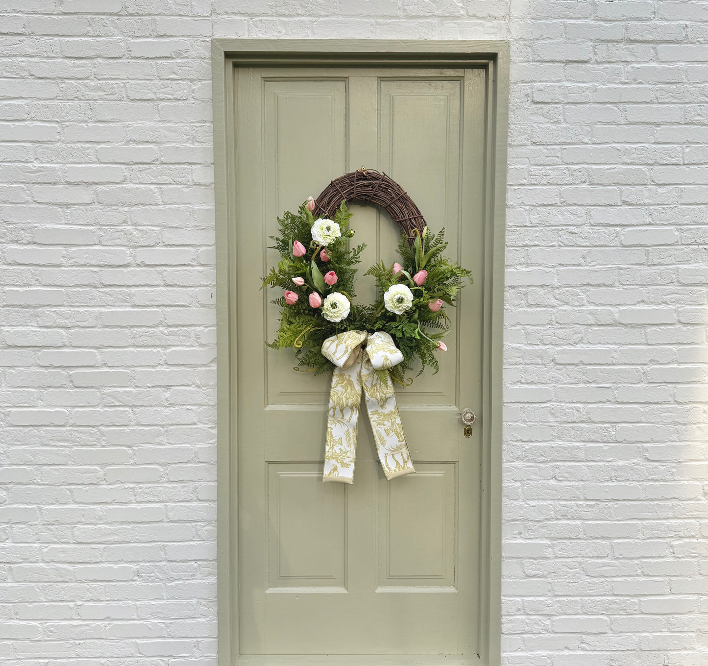 Spring Summer Faux Ranunculus & Tulip Wreath with Fern Greenery