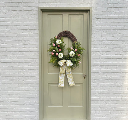 Spring Summer Faux Ranunculus & Tulip Wreath with Fern Greenery