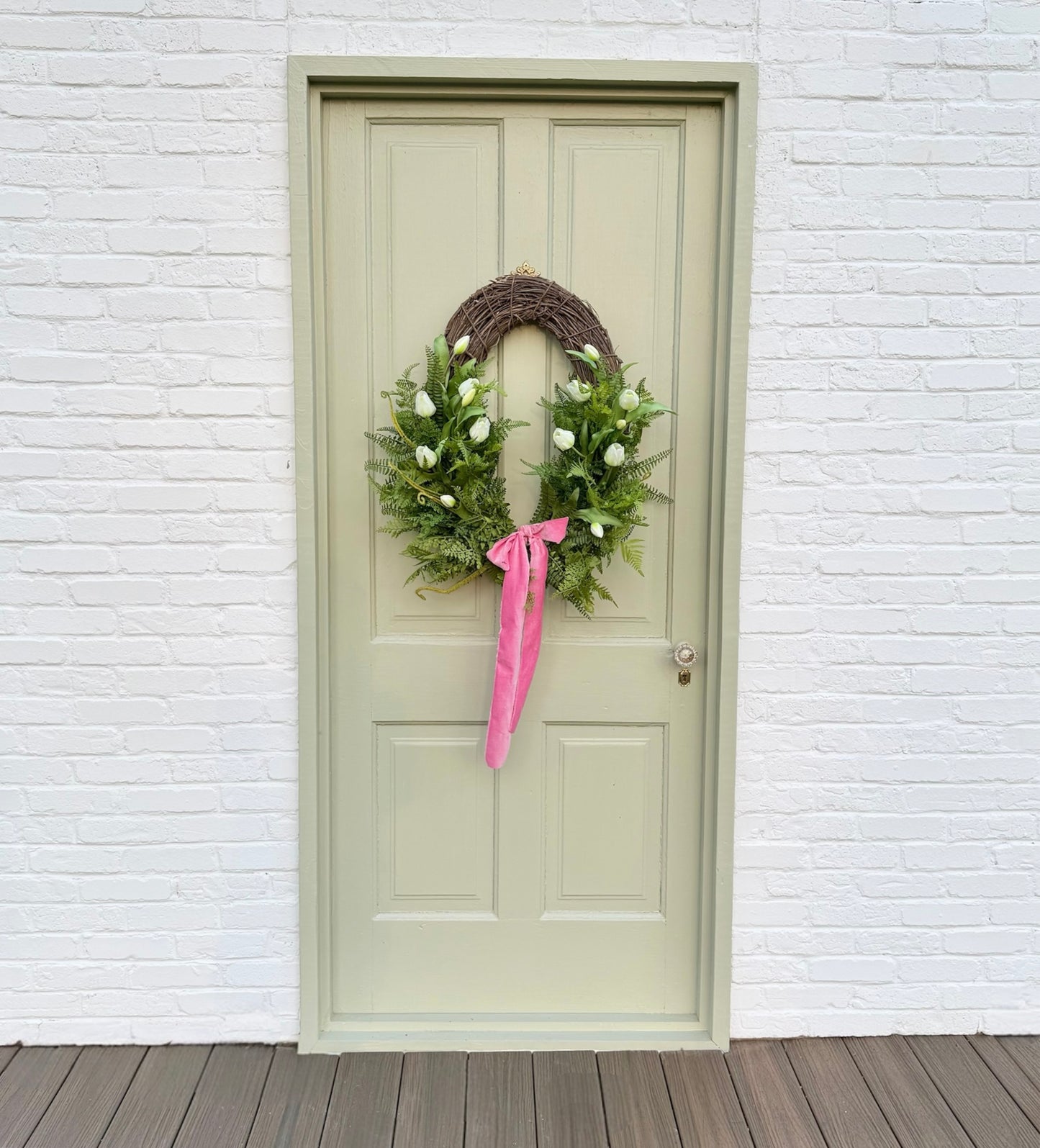 Spring Faux Tulip & Fern Front Door Wreath with Velvet Ribbon
