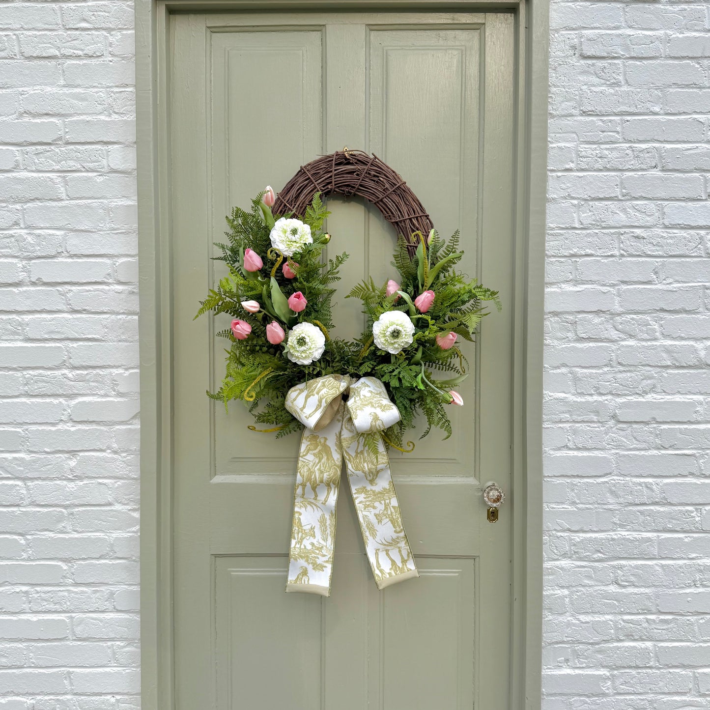 Spring Summer Faux Ranunculus & Tulip Wreath with Fern Greenery