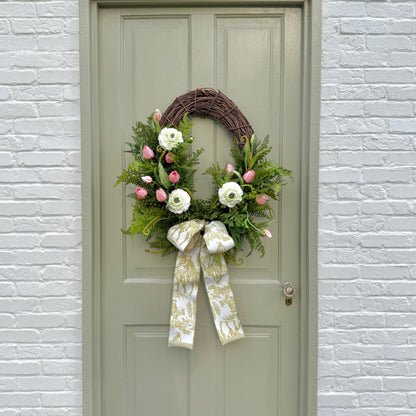 Spring Summer Faux Ranunculus & Tulip Wreath with Fern Greenery