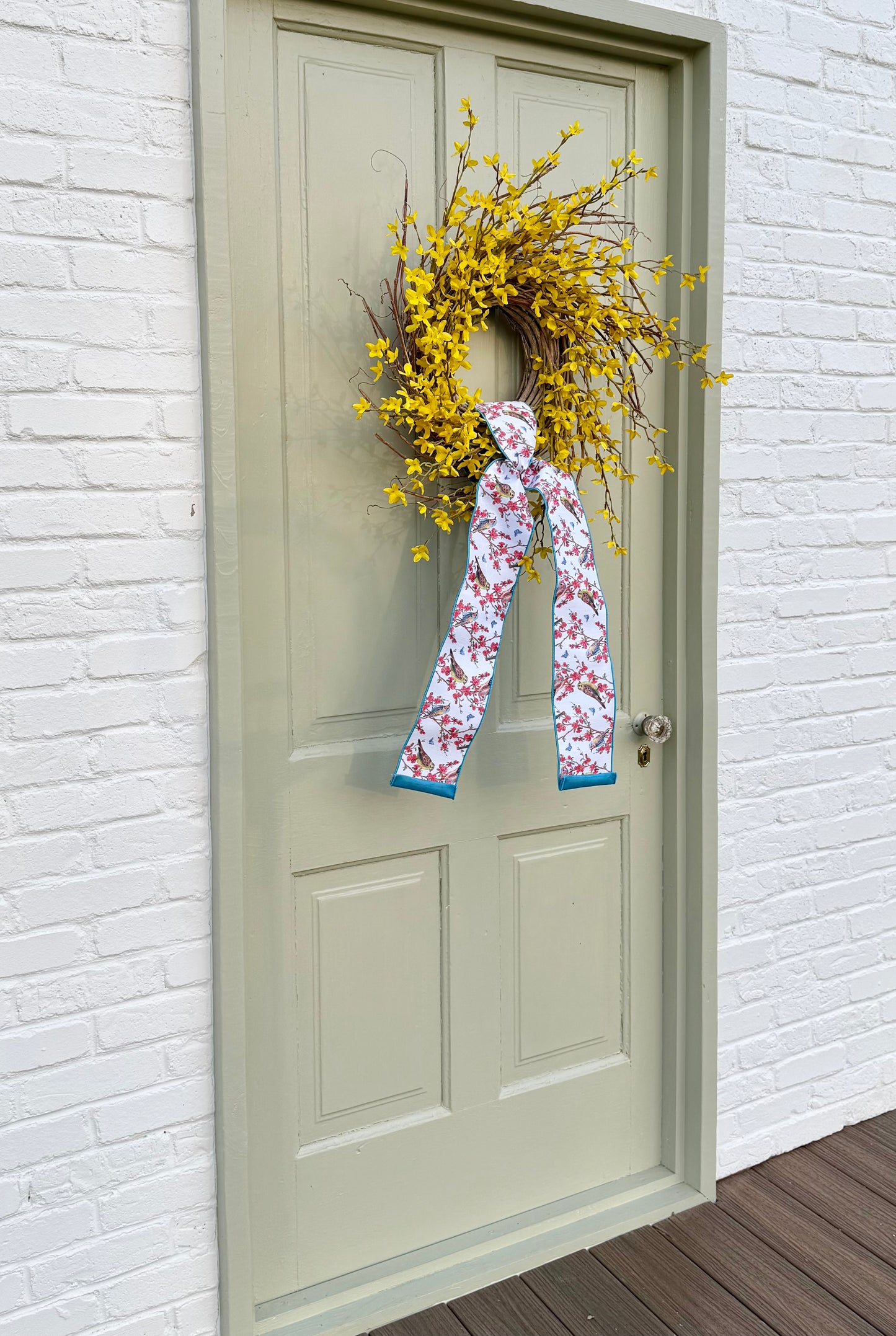 Spring Forsythia Front Door Wreath with Designer Ribbon
