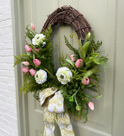 Spring Summer Faux Ranunculus & Tulip Wreath with Fern Greenery