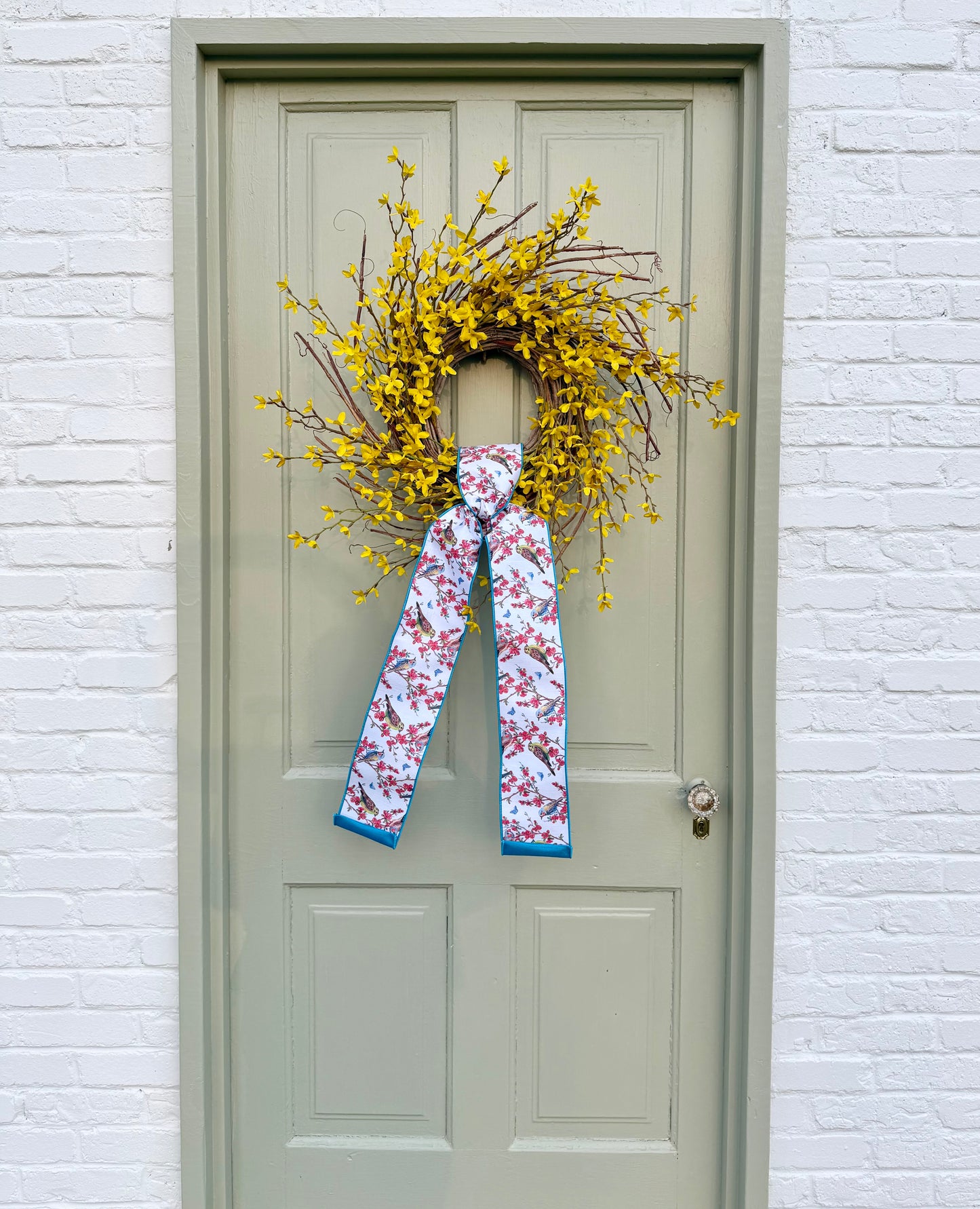 Spring Forsythia Front Door Wreath with Designer Ribbon