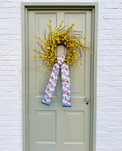 Spring Forsythia Front Door Wreath with Designer Ribbon