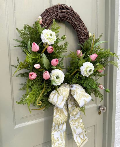 Spring Summer Faux Ranunculus & Tulip Wreath with Fern Greenery
