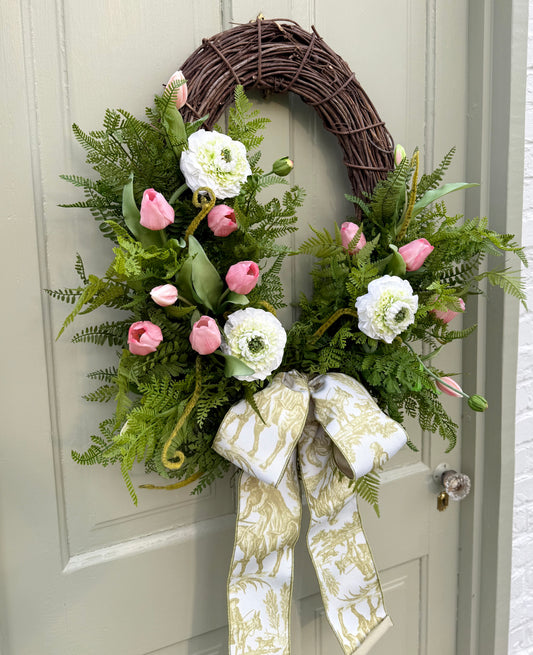 Spring Summer Faux Ranunculus & Tulip Wreath with Fern Greenery